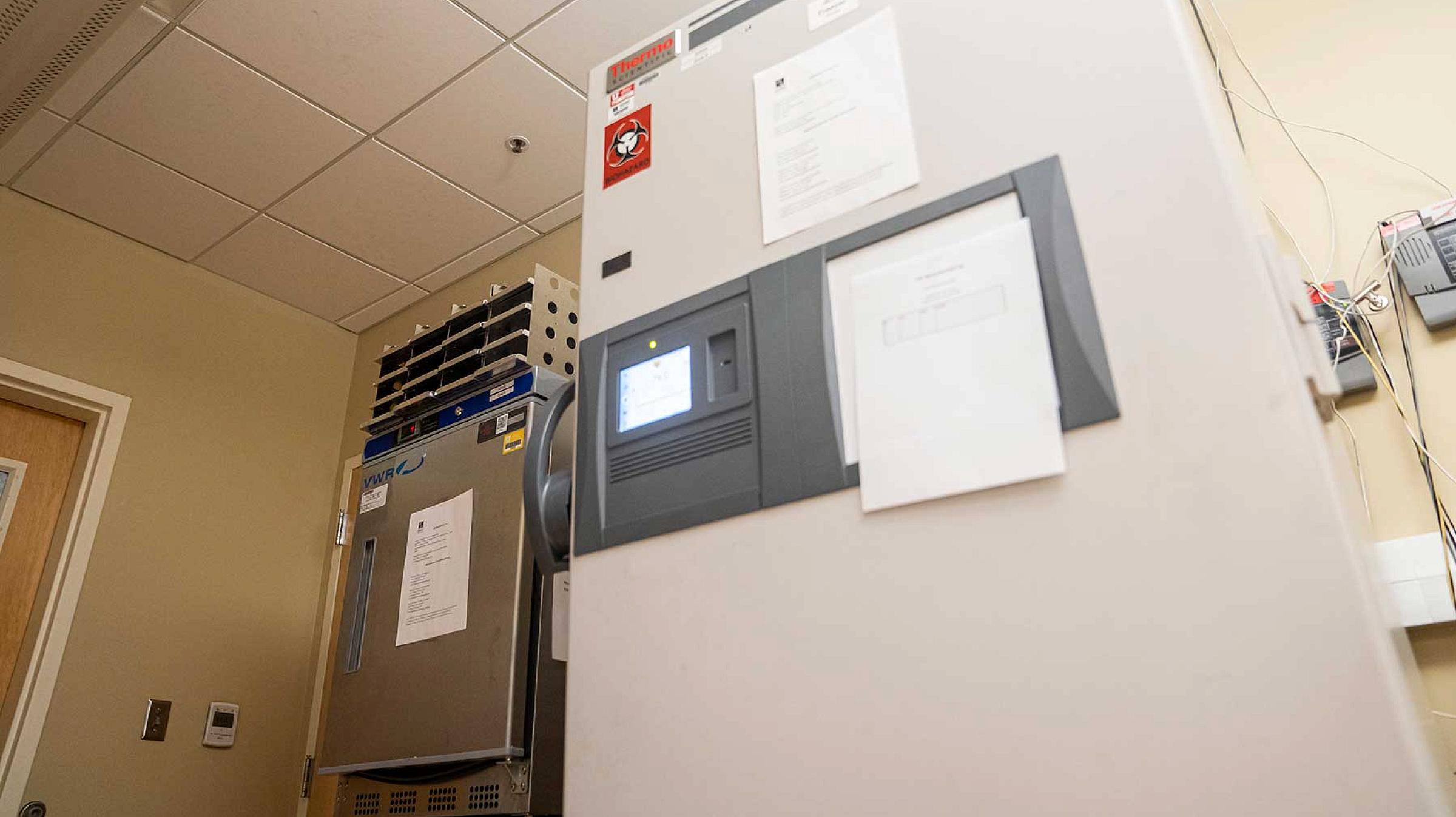 Research North, 3rd Floor: Specimen Processing | Within this lab space are additional -20 and -80 freezers. Freezer in lab